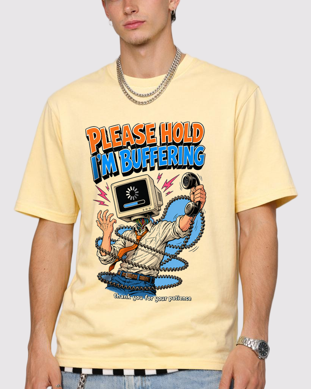 Please Hold I'm Buffering Retro Graphic T-Shirt, primary front view, image 1