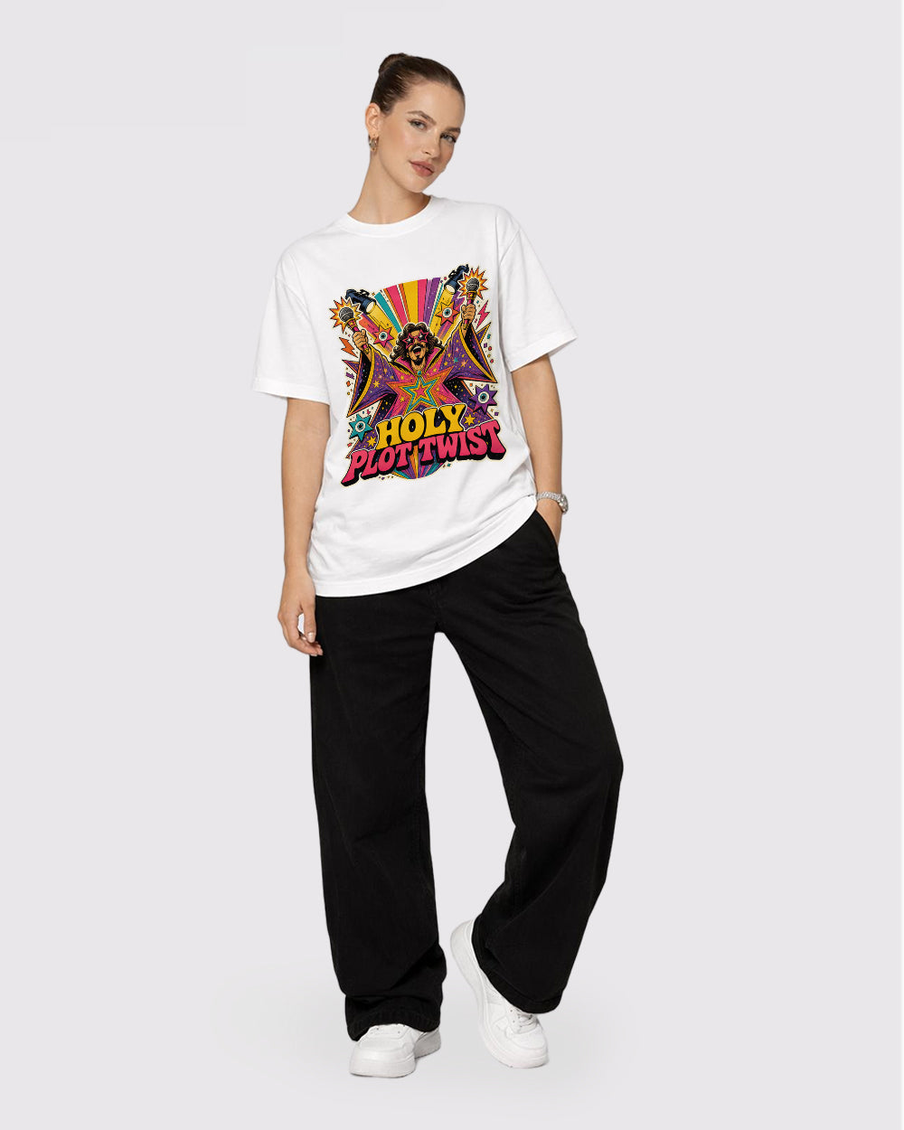Beige Plot Twist Graphic T-Shirt full body fit view 2 image