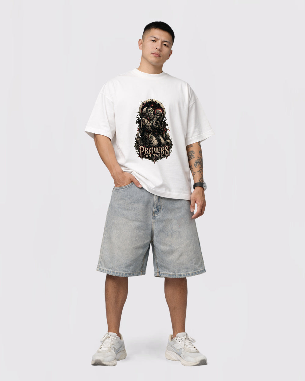 Prayers On Tape Dark Graphic T-Shirt, full body fit view, image 2
