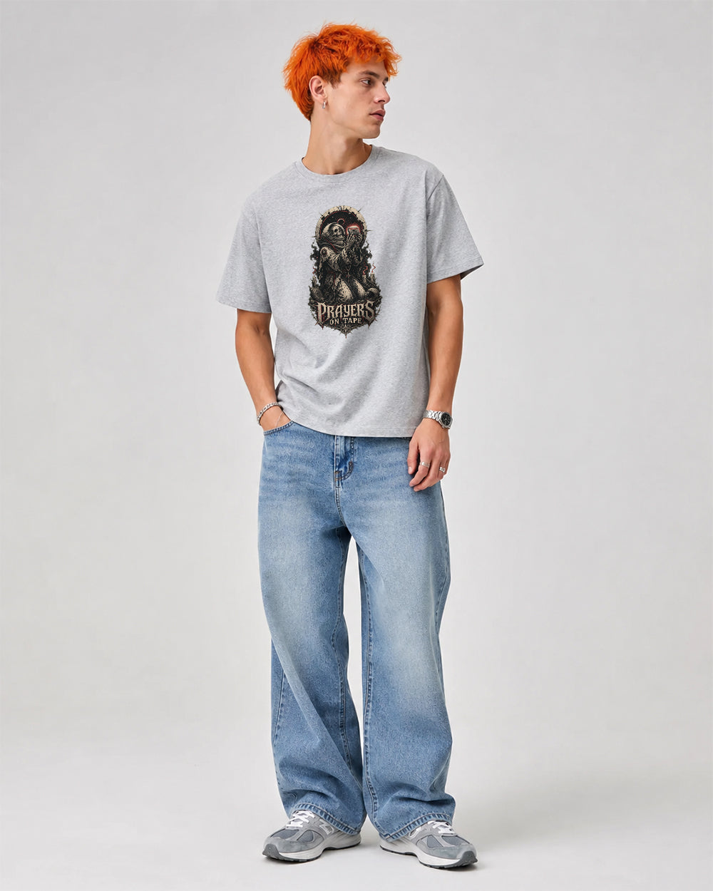 Prayers On Tape Dark Graphic T-Shirt in Gray, front model view 1