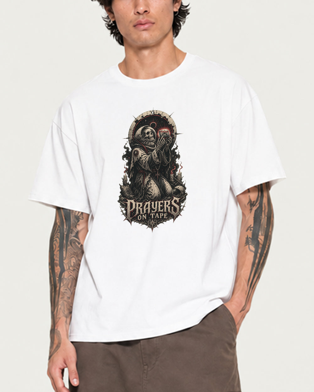 Prayers On Tape Dark Graphic T-Shirt in White, front model view 2