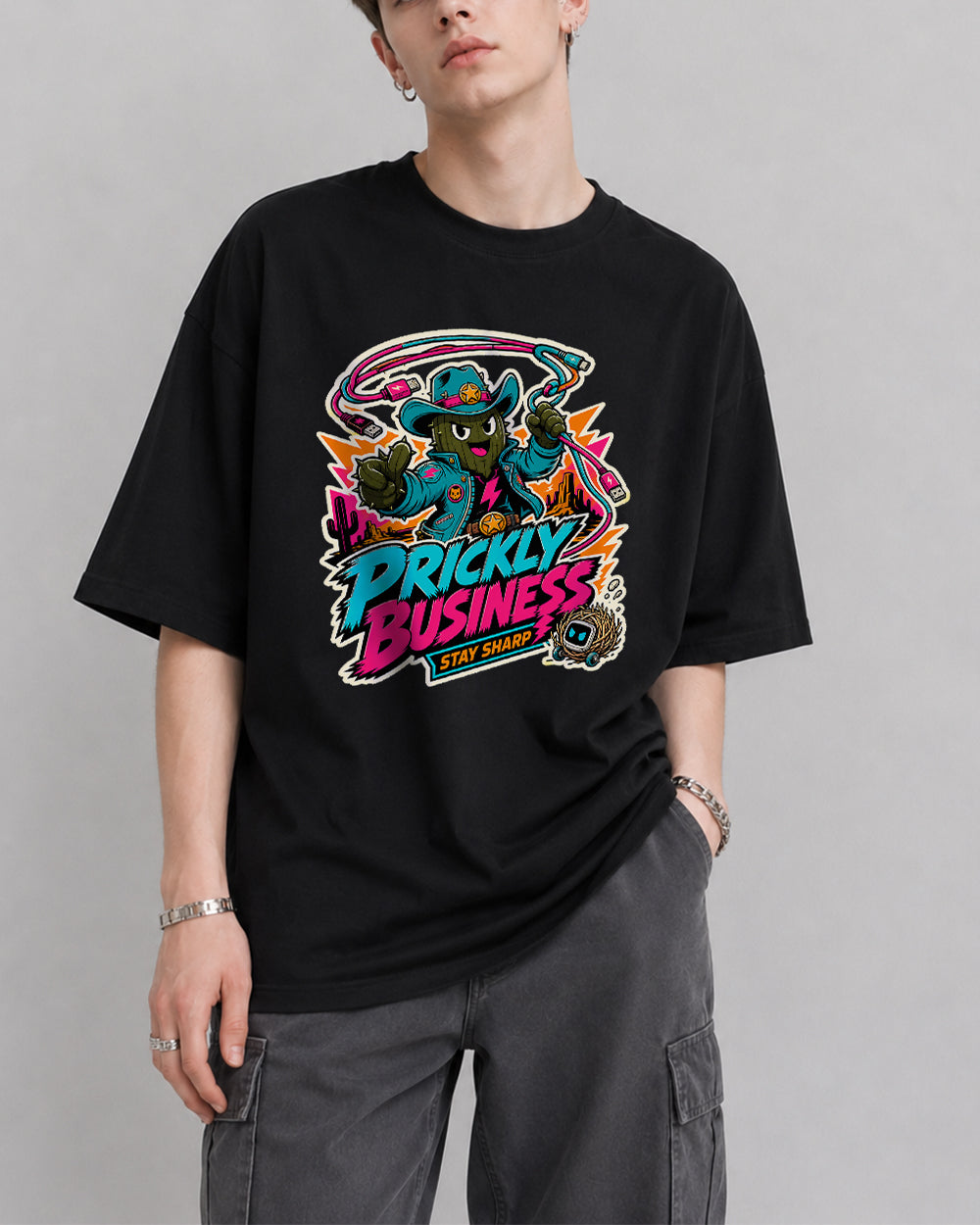 Prickly Business, Stay Sharp Streetwear Graphic T-Shirt in Black, front model view 1