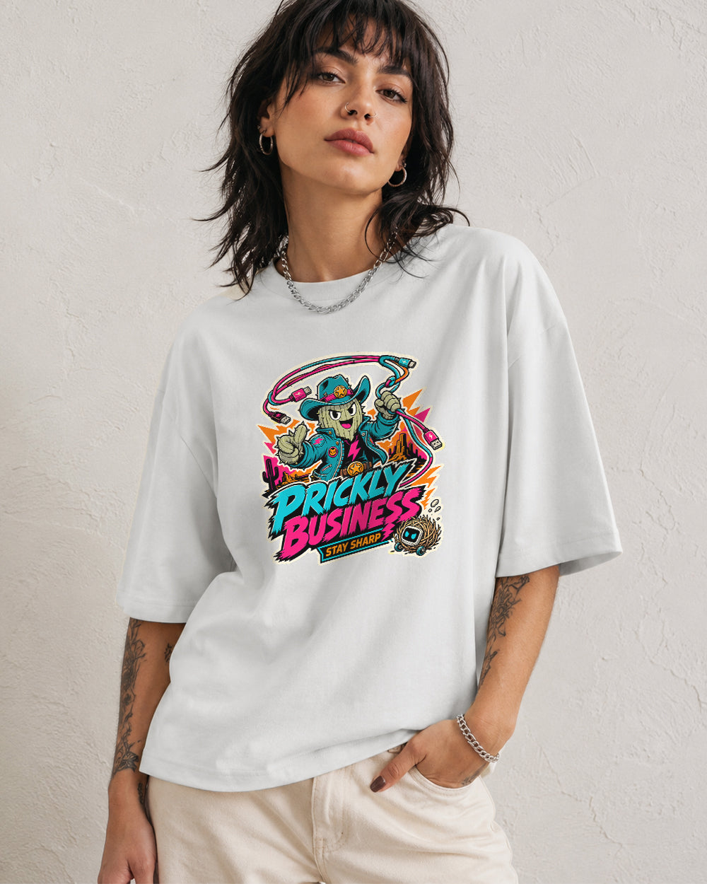Prickly Business, Stay Sharp Streetwear Graphic T-Shirt in White, front model view 5