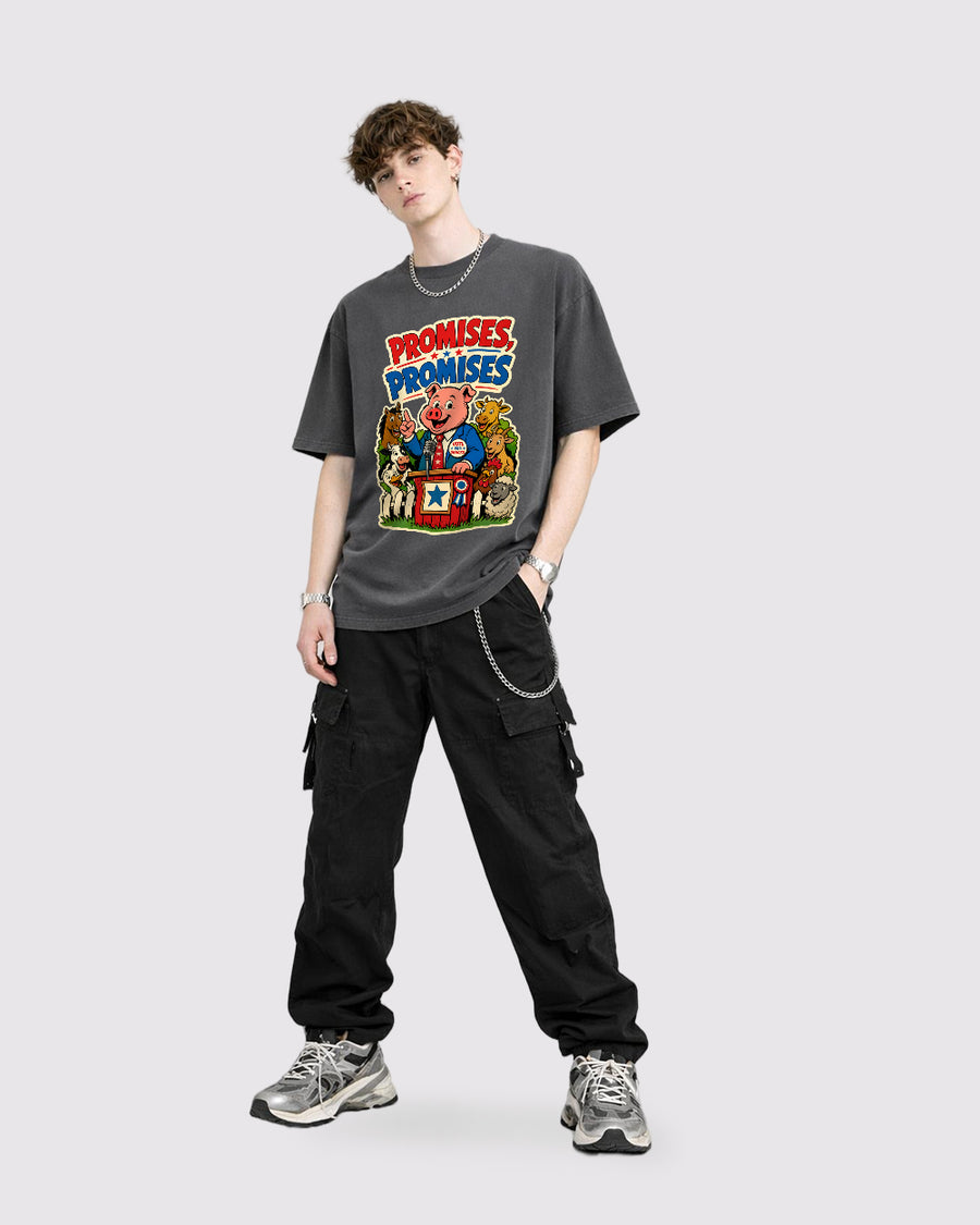 Promises Promises Funny Graphic T-Shirt, full body fit view, image 2