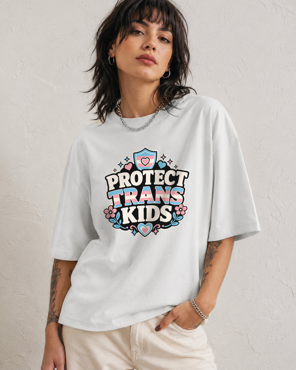 Protect Trans Kids Pop Culture Graphic T-Shirt in White, front model view 7