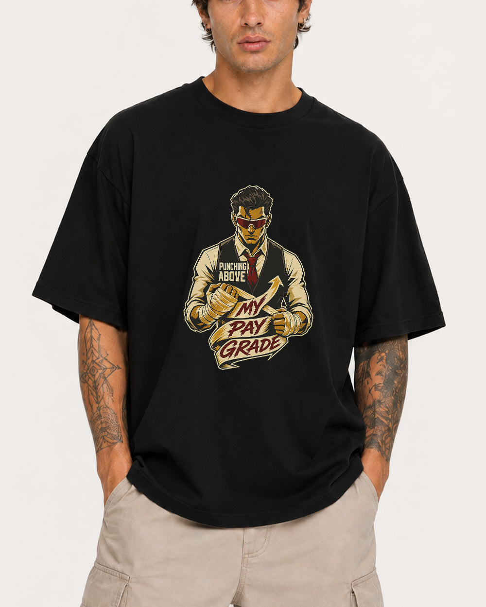 Punching Above My Pay Grade Sports Graphic T-Shirt in Black, front model view 1