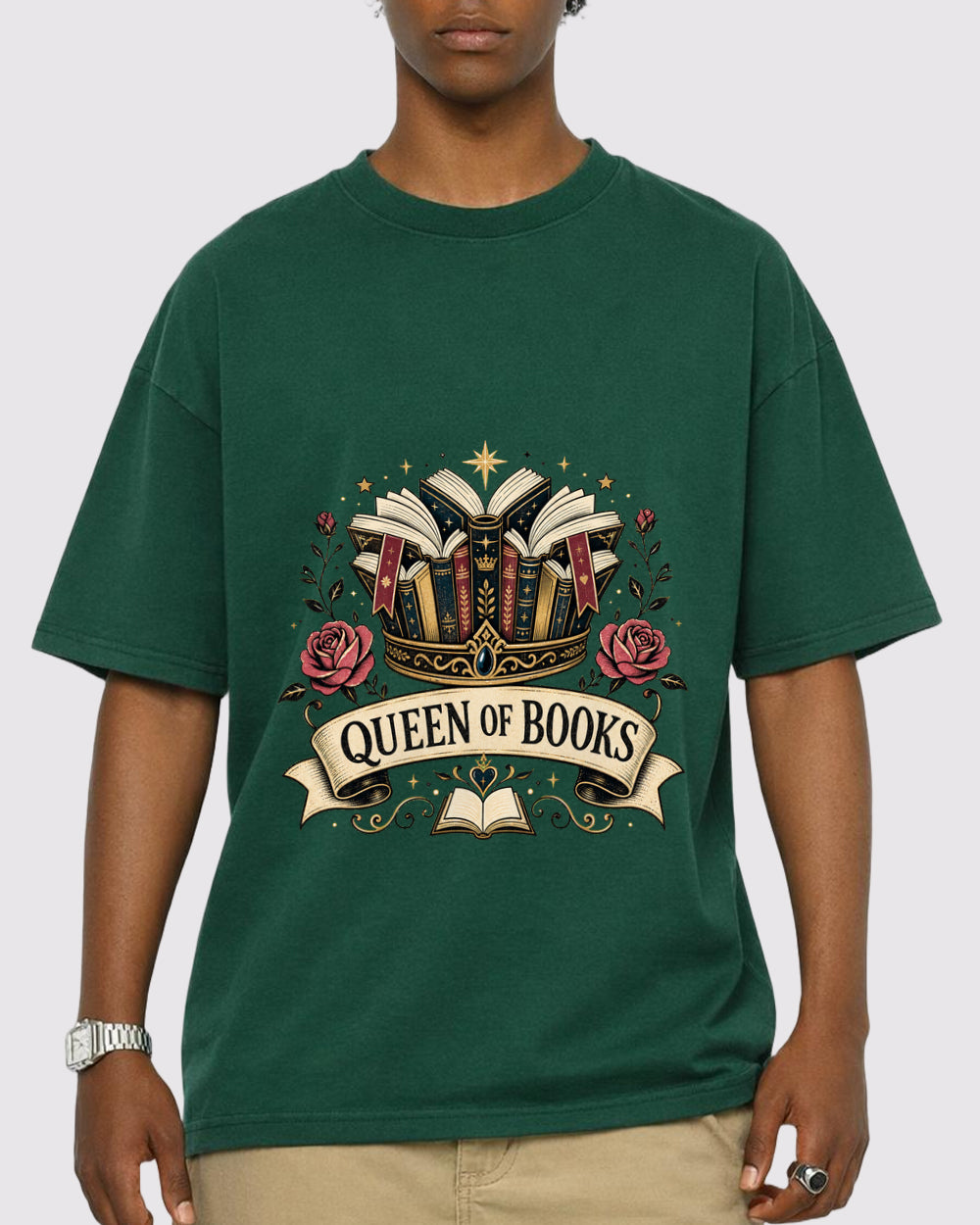 Queen of Books Funny Graphic T-Shirt, primary front view, image 1