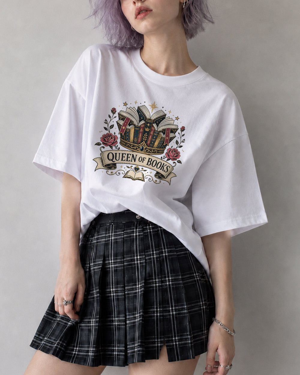Queen of Books Funny Graphic T-Shirt in White, front model view 8