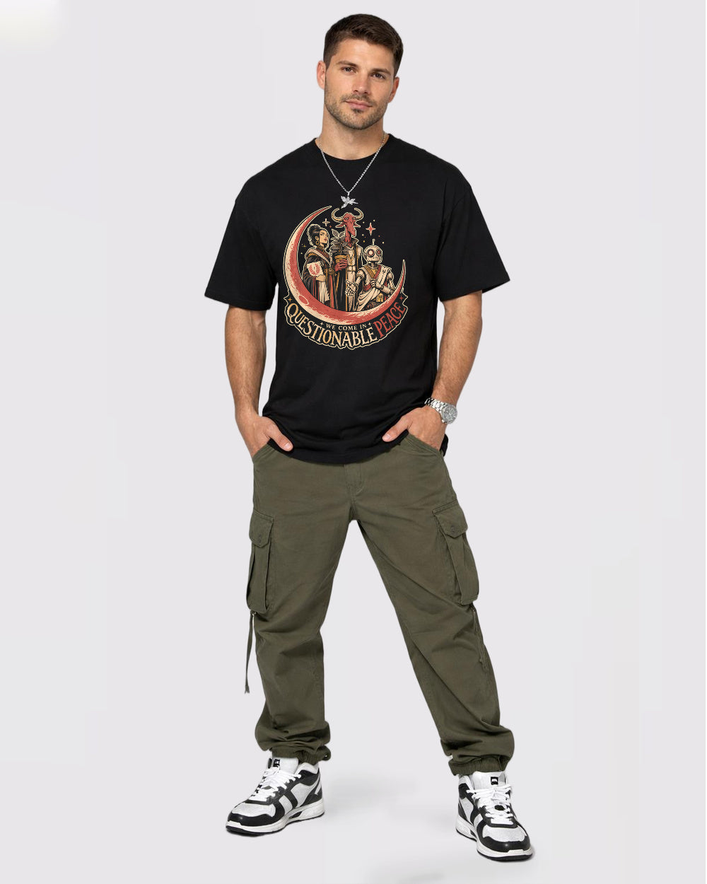 Questionable Energy Dark Graphic T-Shirt, full body fit view, image 2