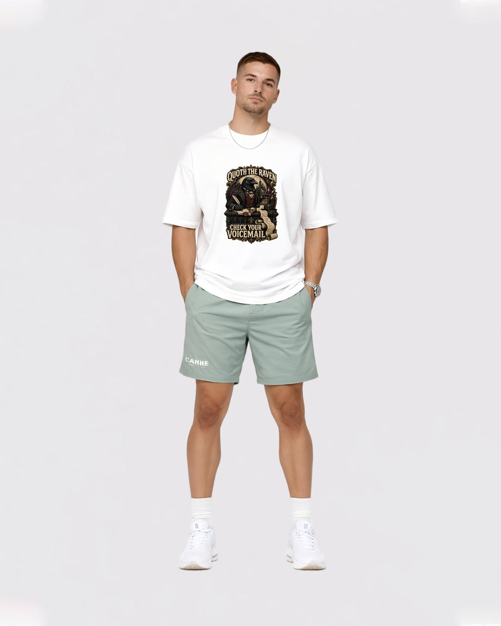 Beige Quoth the Raven Graphic T-Shirt full body fit view 2 image