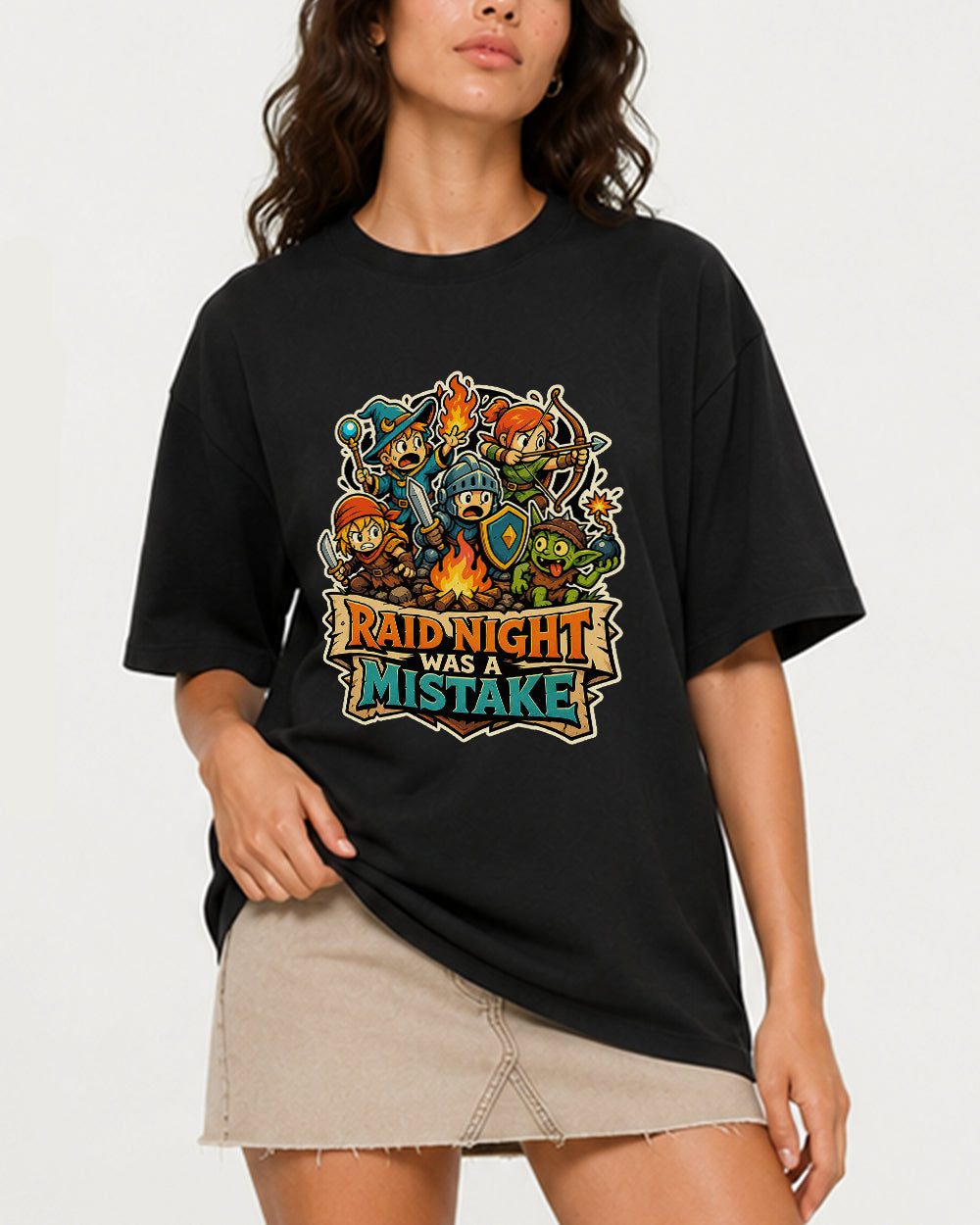 Raid Night Was A Mistake Gaming Graphic T-Shirt in Black, front model view 1