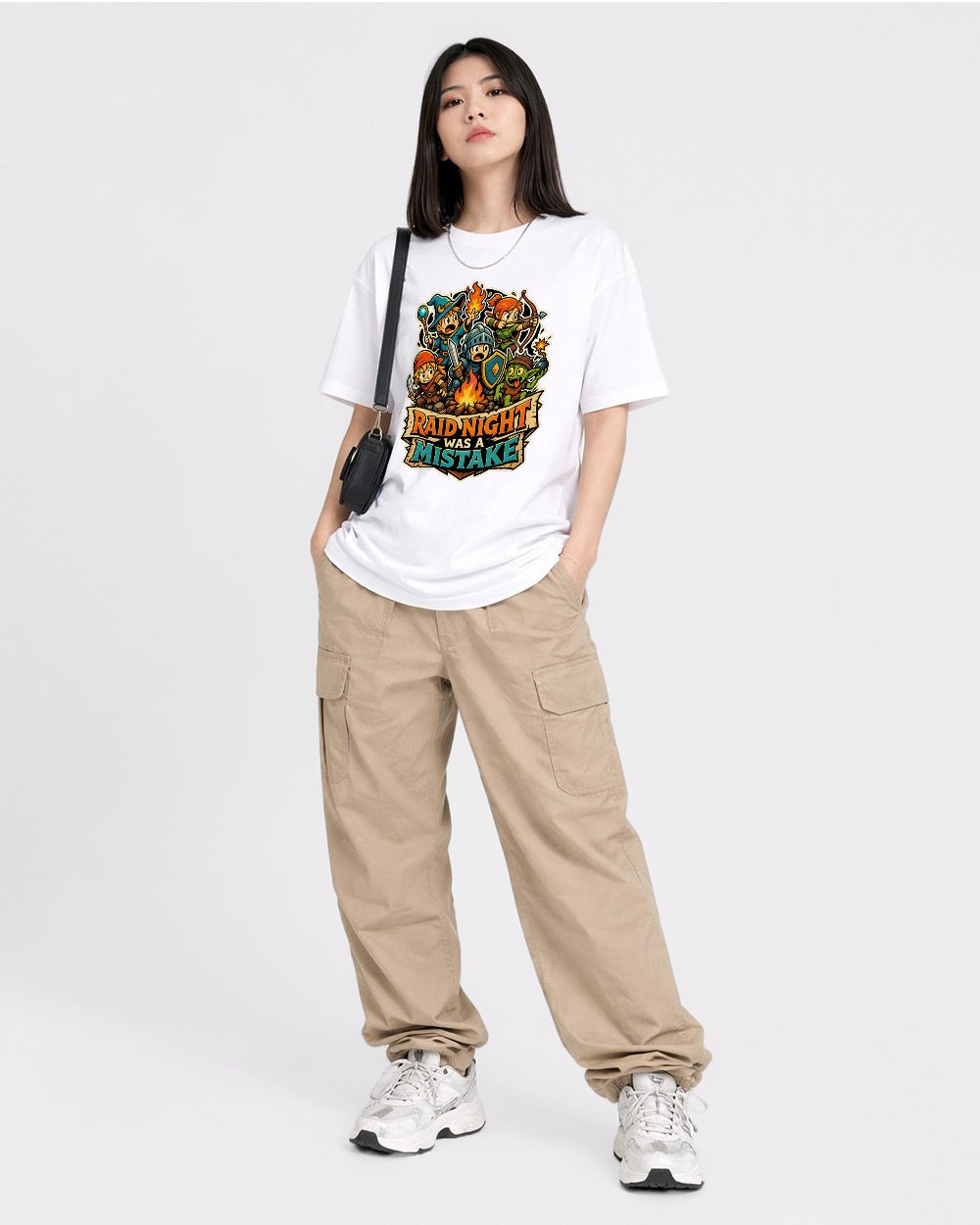 Raid Night Was A Mistake Gaming Graphic T-Shirt, full body fit view, image 2