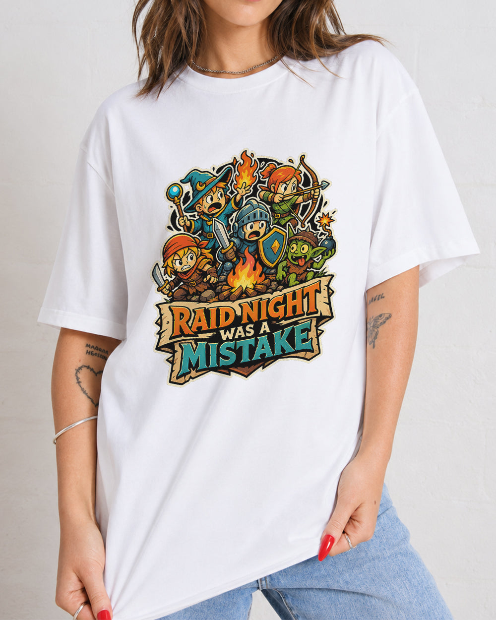 Raid Night Was A Mistake Gaming Graphic T-Shirt in White, front model view 5