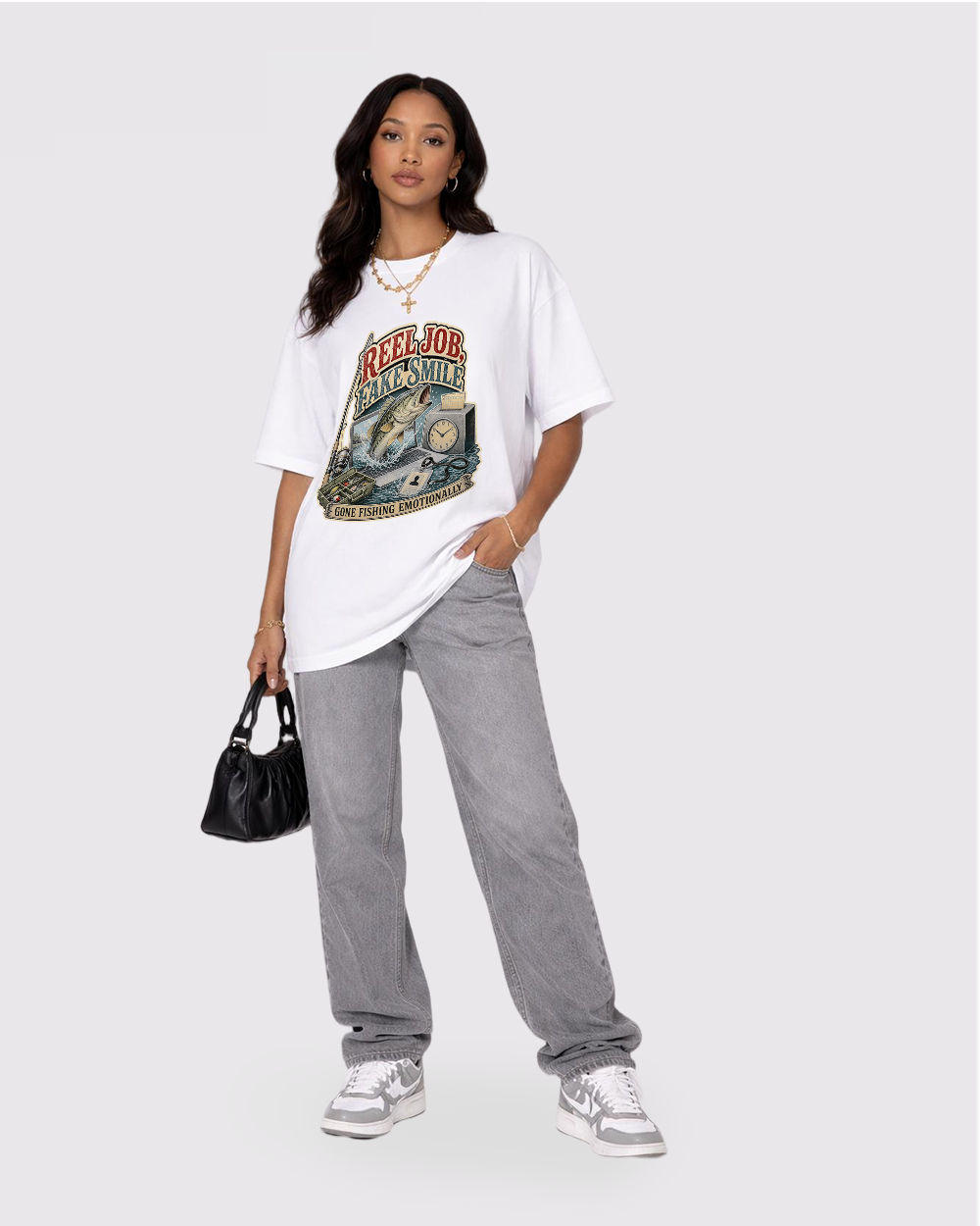 Real Job, Fake Smile Retro Graphic T-Shirt, full body fit view, image 2