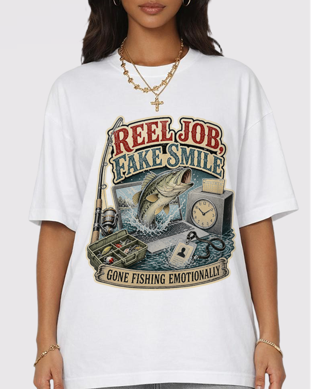 Real Job, Fake Smile Retro Graphic T-Shirt, primary front view, image 1