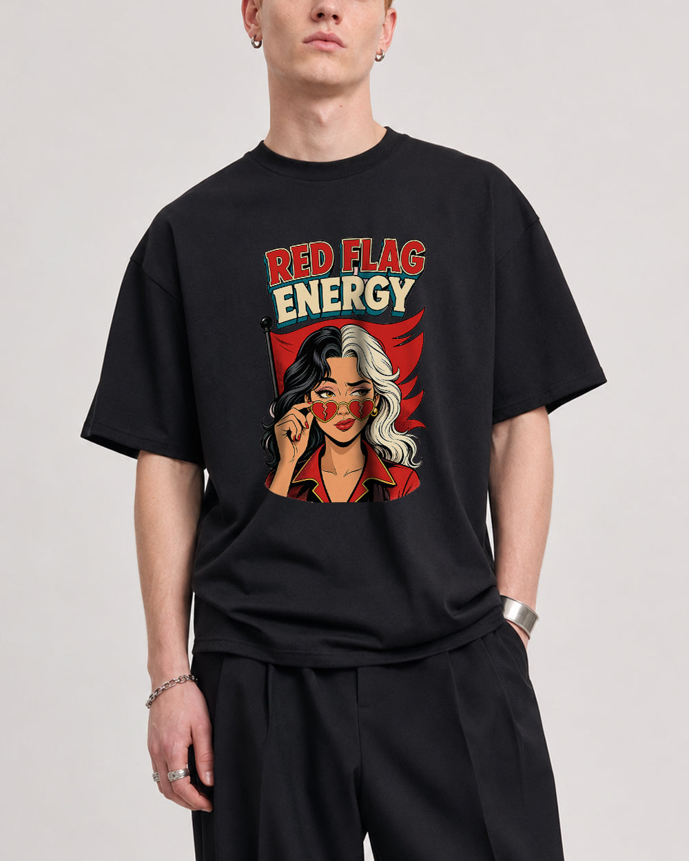 Red Flag Energy Split Hair Retro Graphic T-Shirt in Black, front model view 1