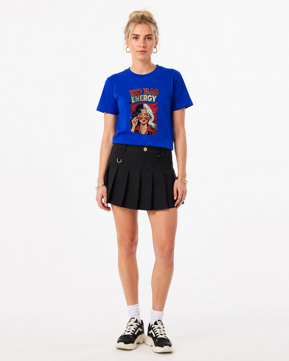 Red Flag Energy Split Hair Retro Graphic T-Shirt in Blue, front model view 5