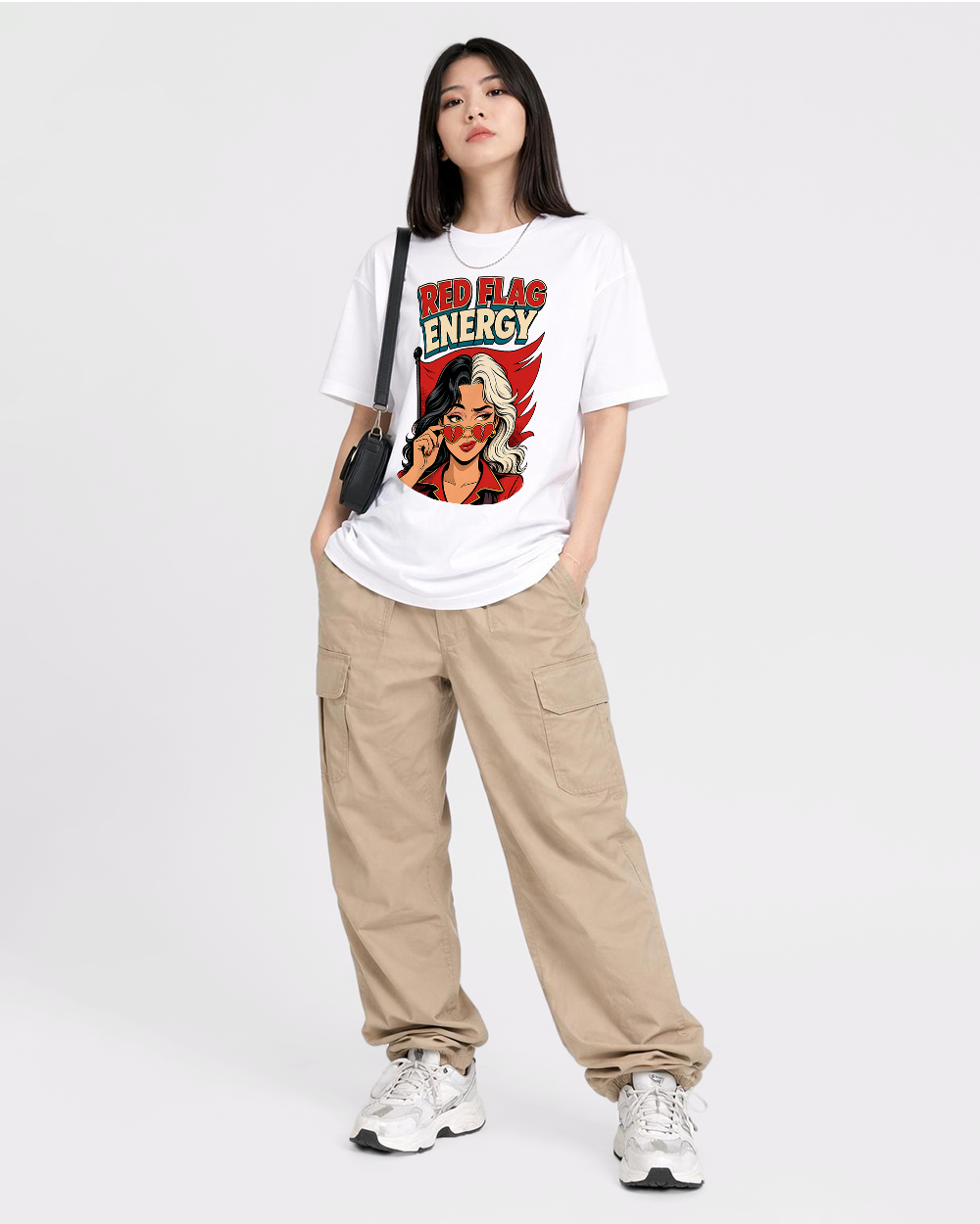 Red Flag Energy Split Hair Retro Graphic T-Shirt, full body fit view, image 2