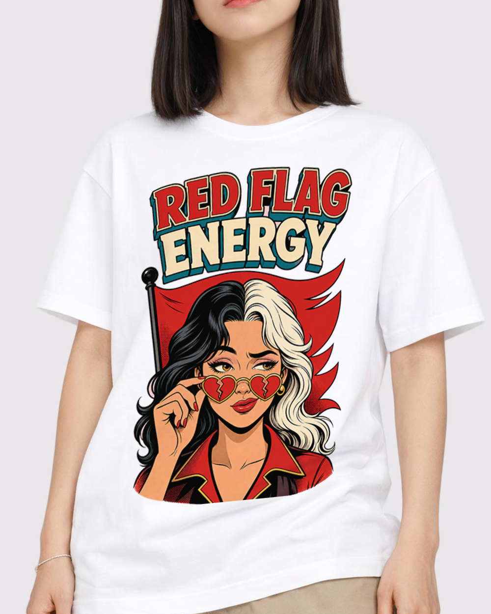 Red Flag Energy Split Hair Retro Graphic T-Shirt, primary front view, image 1
