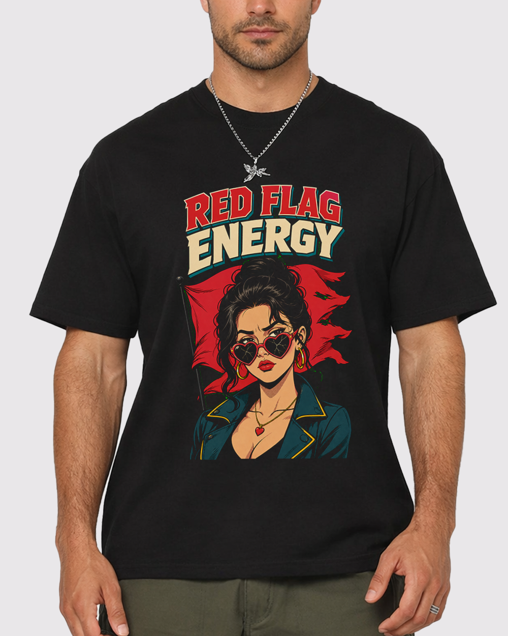 Red Flag Energy Sunglasses Retro Graphic T-Shirt, primary front view, image 1