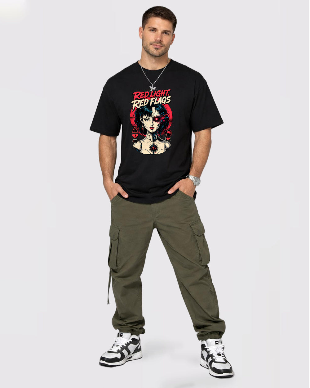 Red Light Red Flags Dark Graphic T-Shirt, full body fit view, image 2