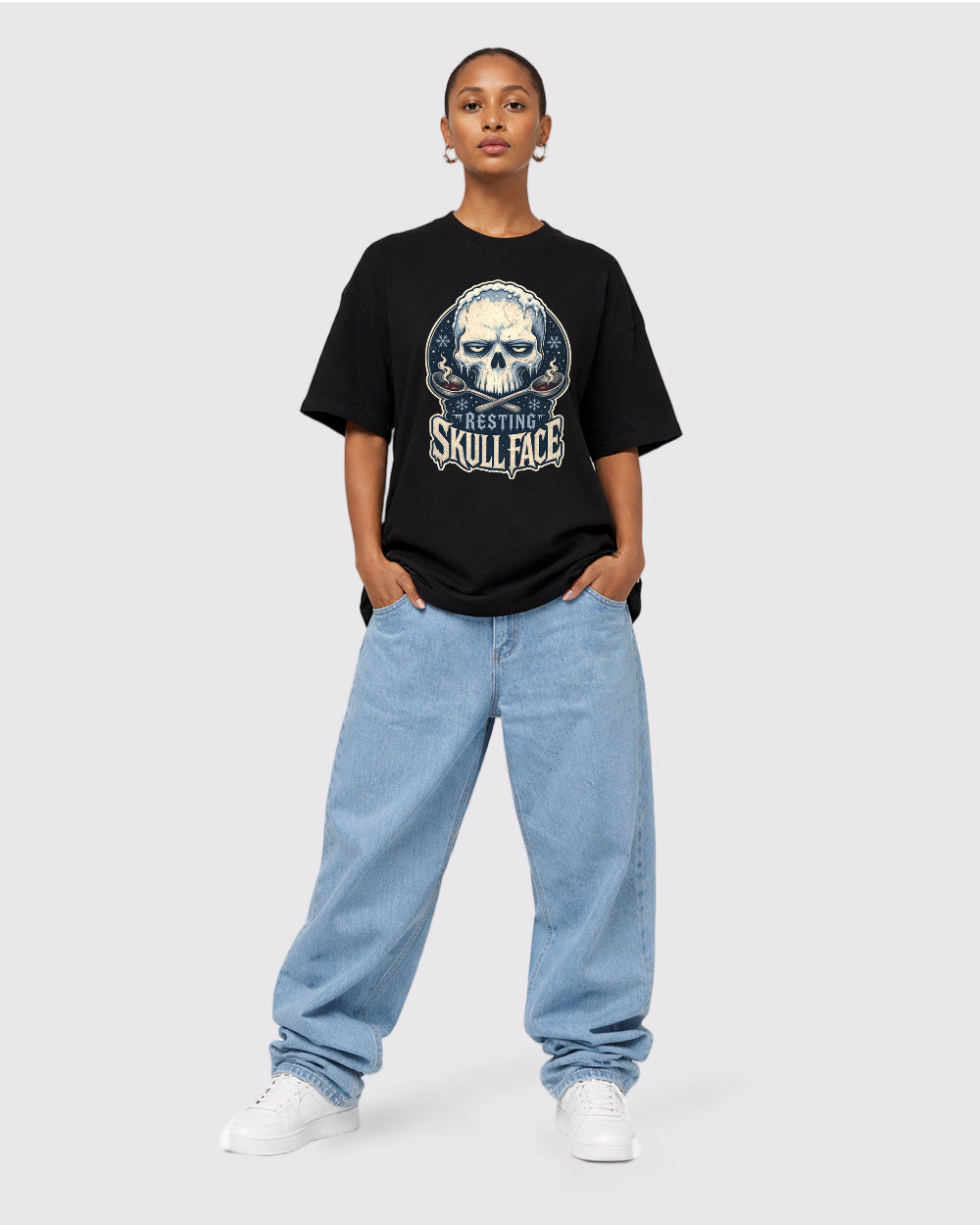 Resting Skull Face Dark Graphic T-Shirt, full body fit view, image 2