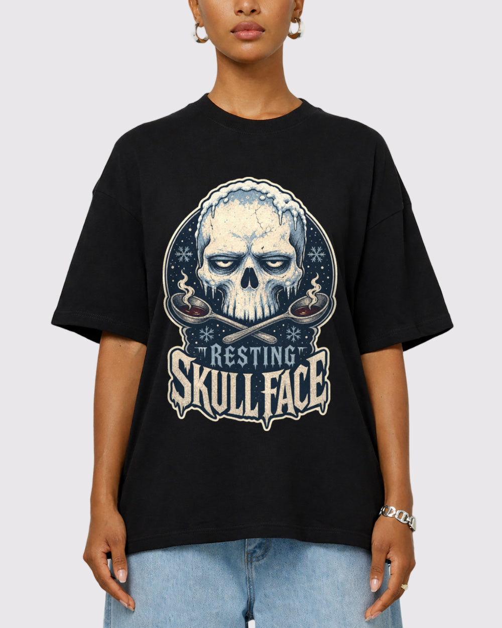 Resting Skull Face Dark Graphic T-Shirt, primary front view, image 1