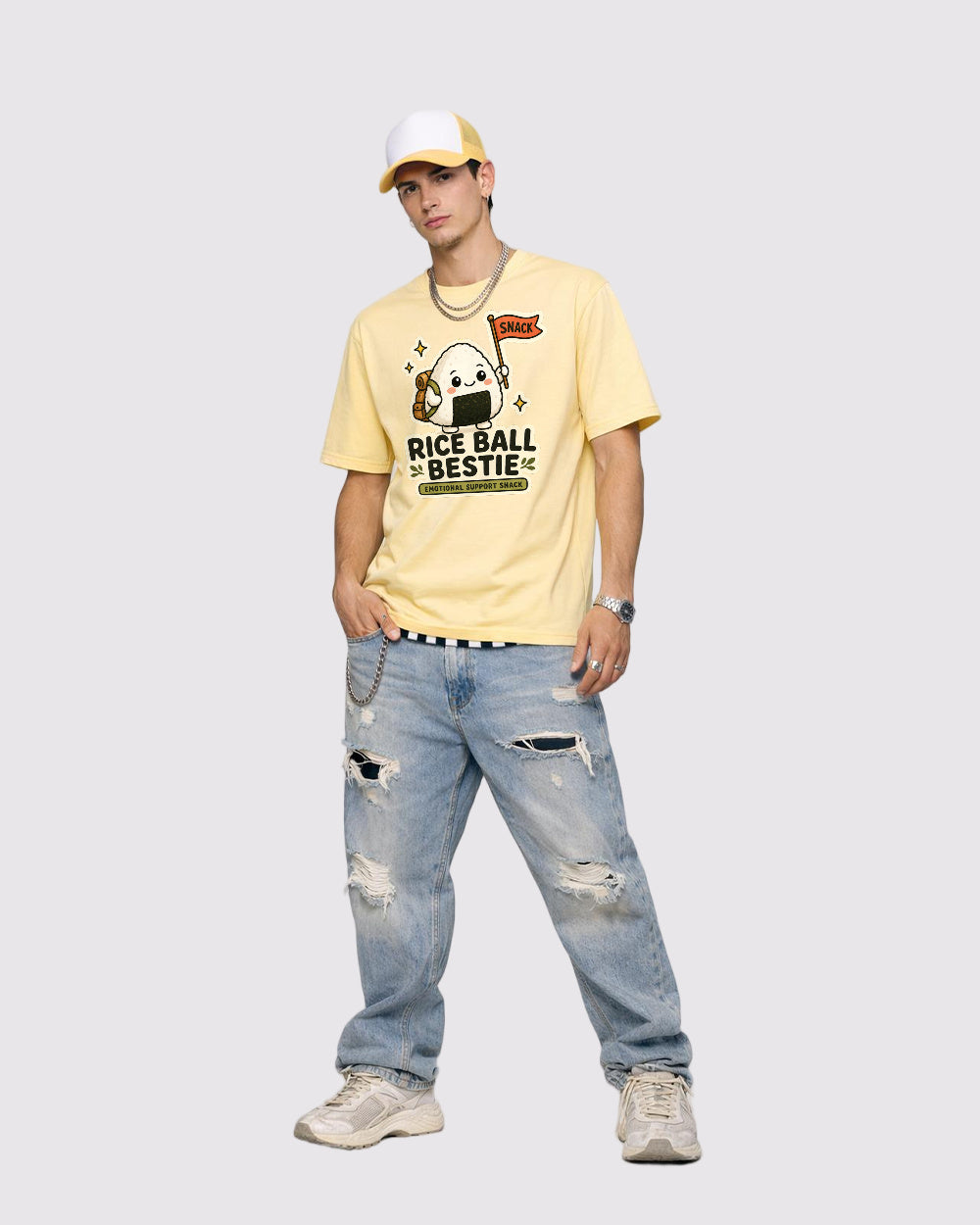 Rice Ball Emotional Support Food Graphic T-Shirt, full body fit view, image 2