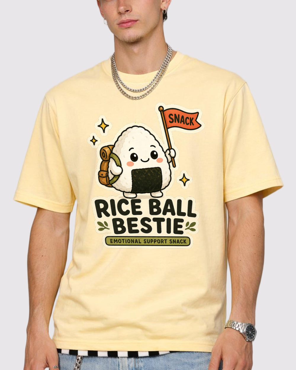 Rice Ball Emotional Support Food Graphic T-Shirt, primary front view, image 1