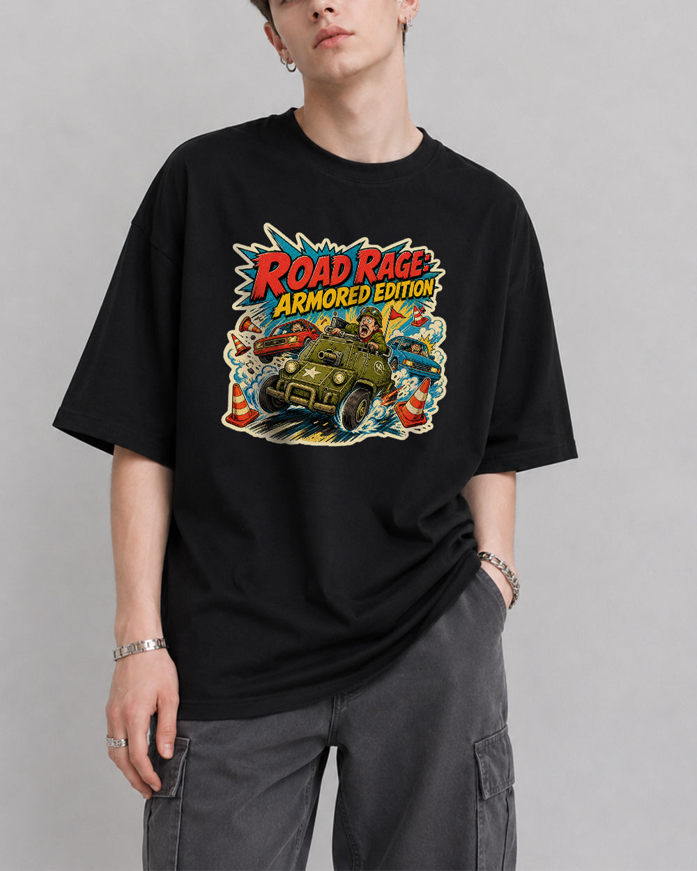 Road Rage Armored Edition Sports Graphic T-Shirt in Black, front model view 1
