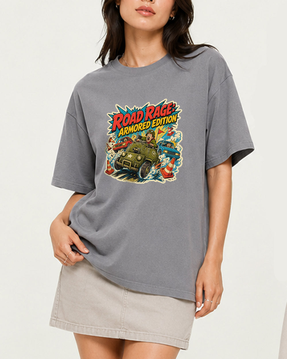 Road Rage Armored Edition Sports Graphic T-Shirt in Gray, front model view 3