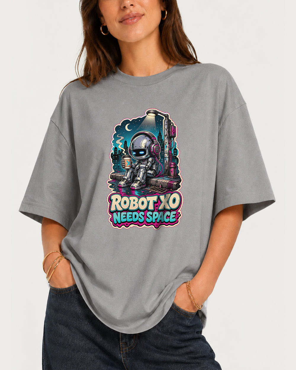 Robot Needs Space Gaming Graphic T-Shirt in Gray, front model view 3