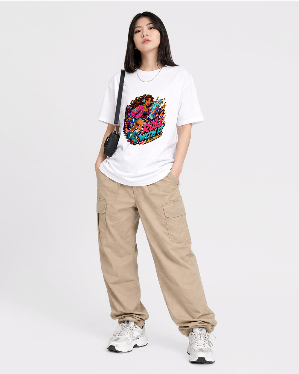 Beige Roll with It Graphic T-Shirt full body fit view 2 image