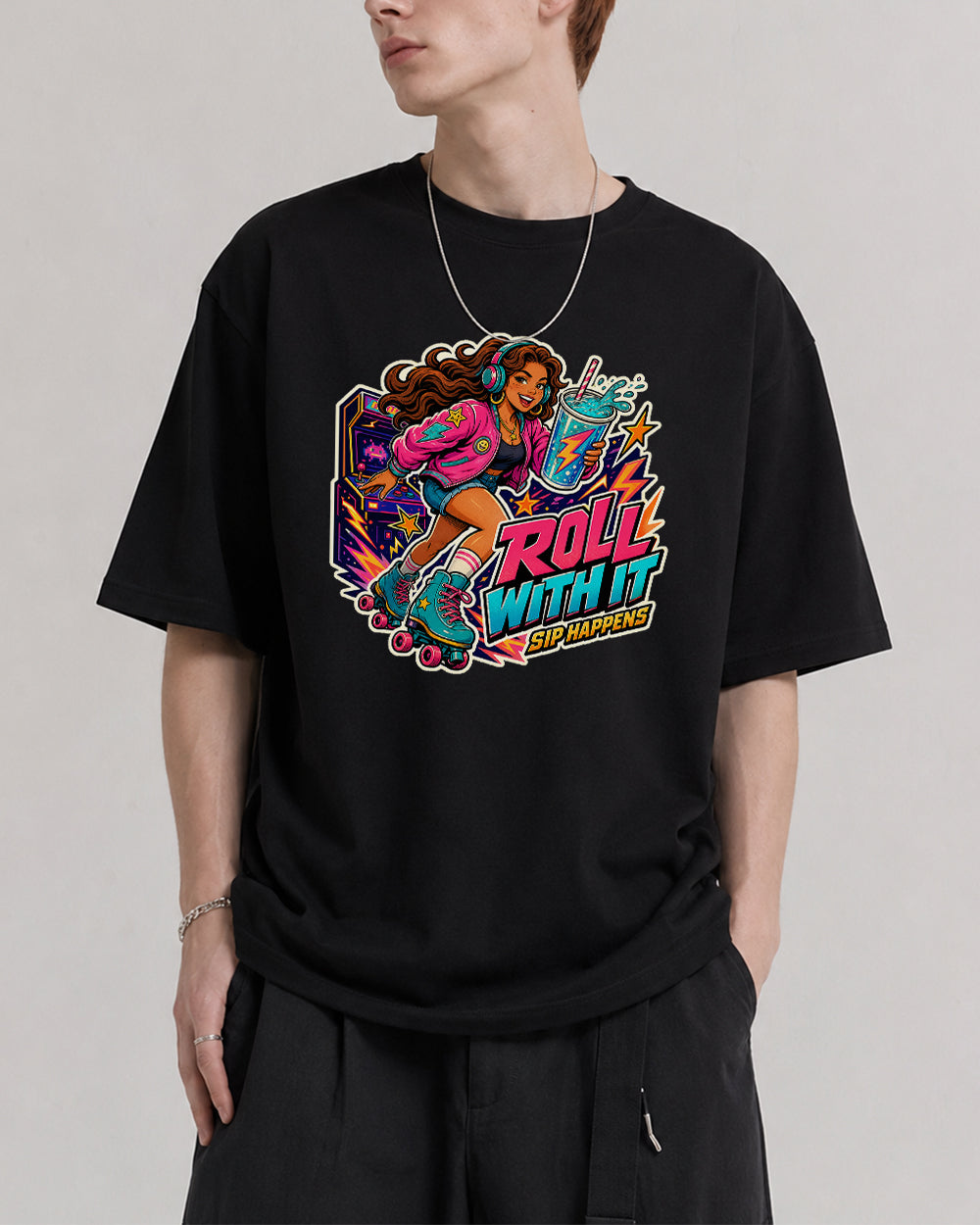 Roll with It Graphic T-Shirt in Black, front model view 1