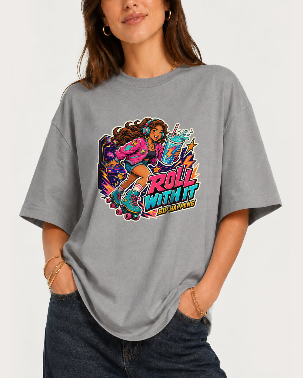 Roll with It Graphic T-Shirt in Gray, front model view 3