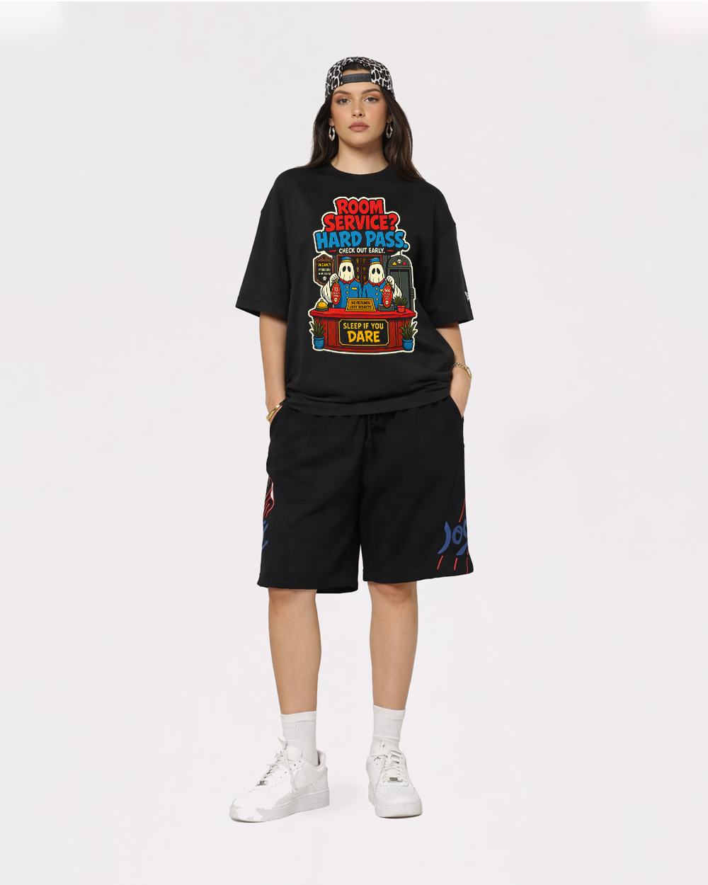 Room Service Hard Pass Checkout Early Retro Graphic T-Shirt, full body fit view, image 2