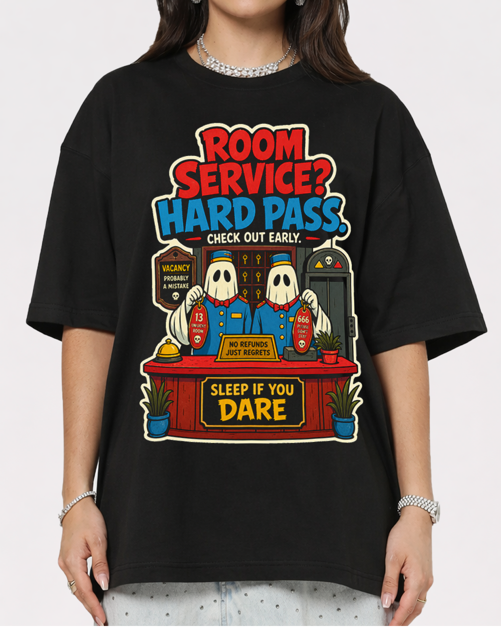 Room Service Hard Pass Checkout Early Retro Graphic T-Shirt, primary front view, image 1