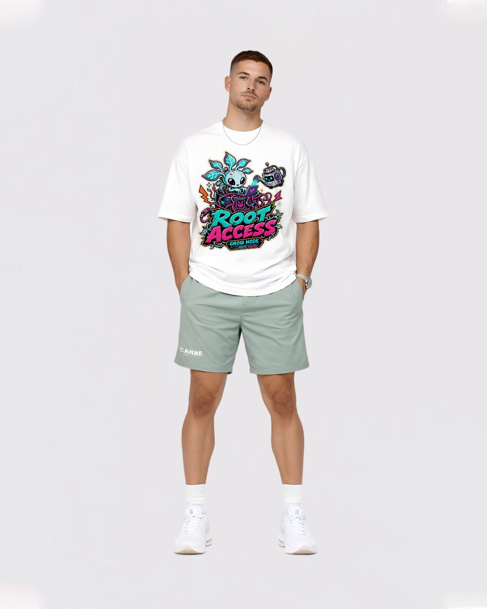 Beige Root Access Gaming Graphic T-Shirt full body fit view 2 image