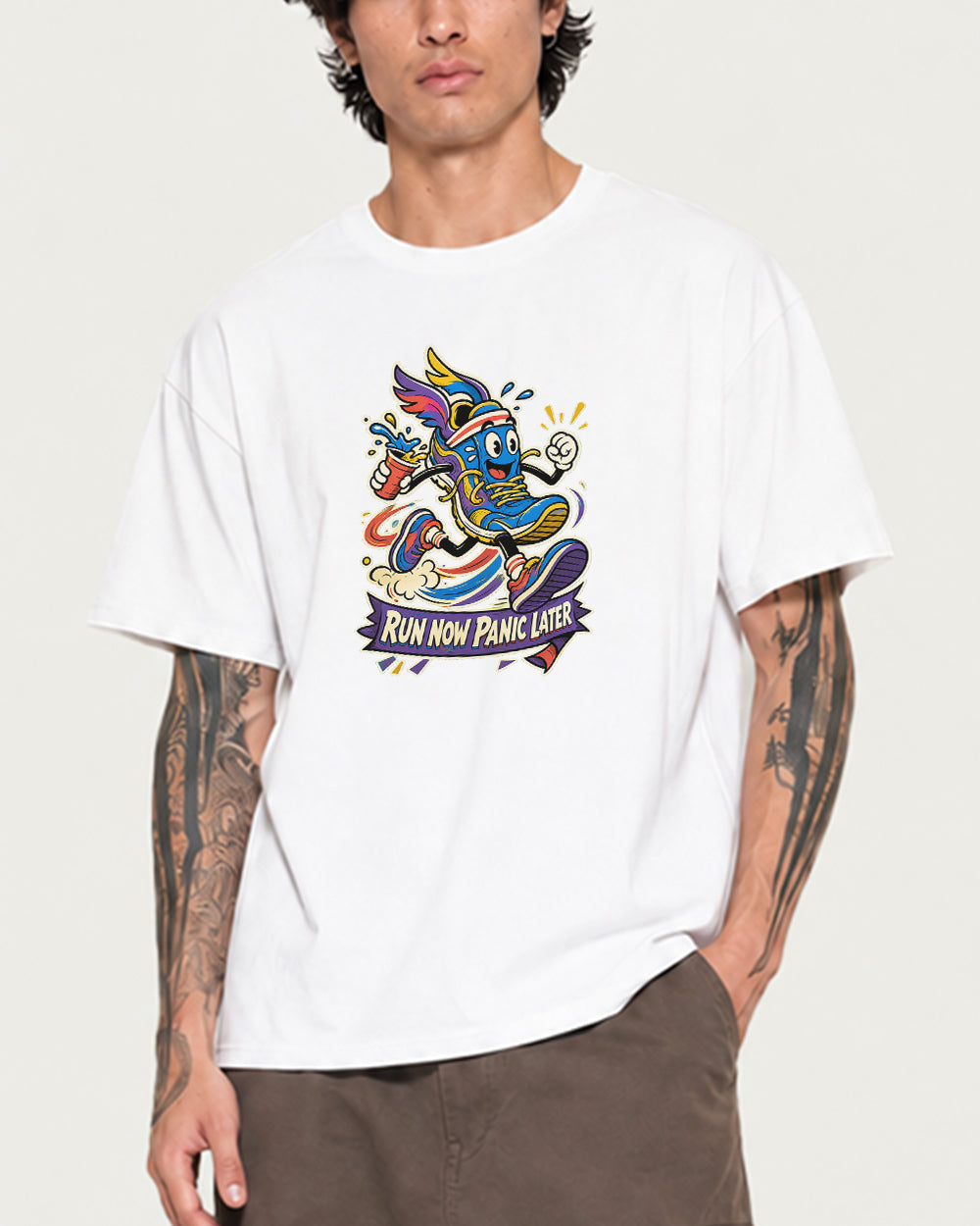 Run Now, Panic Later Sports Graphic T-Shirt in White, front model view 8