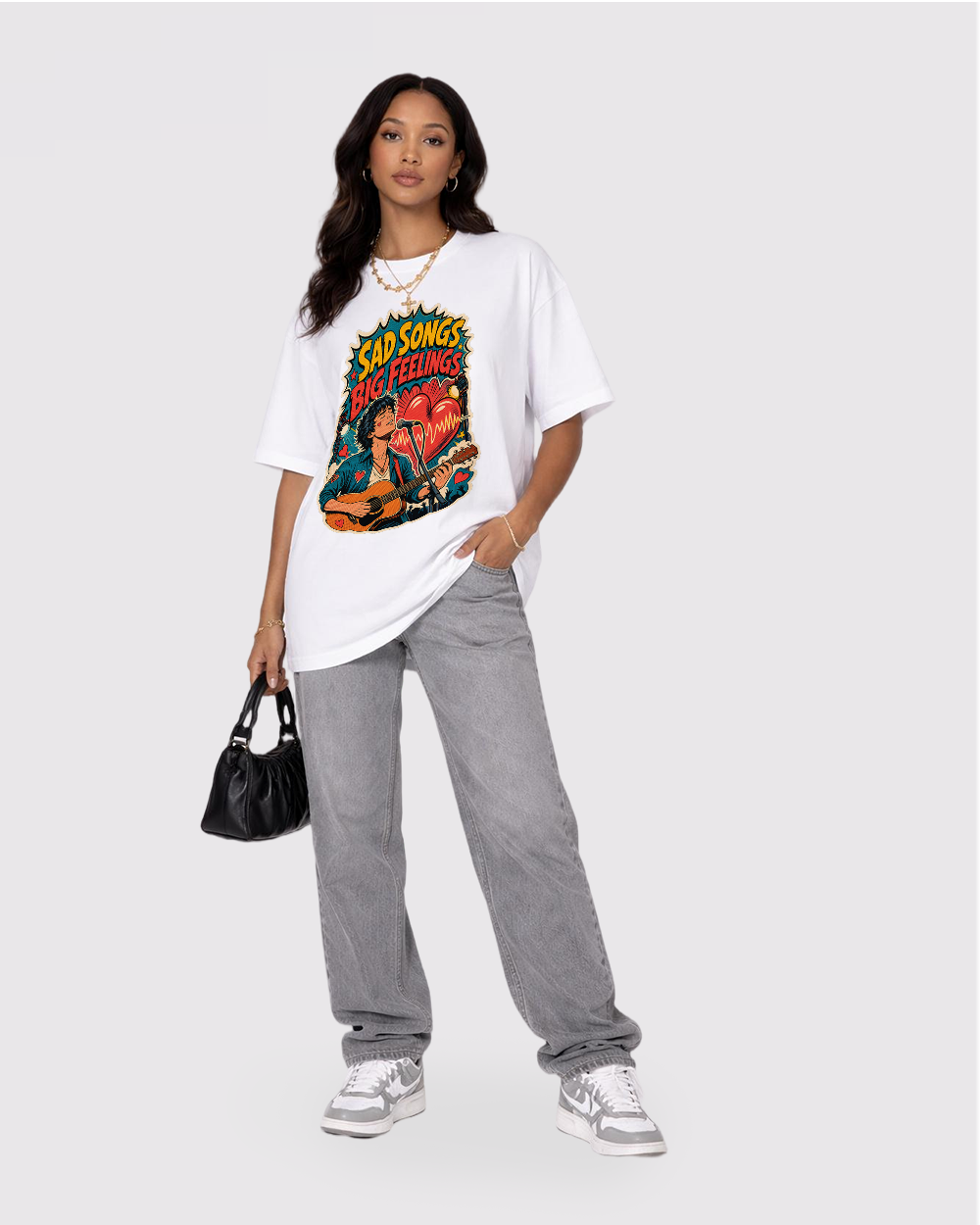 Sad Songs Big Feelings Retro Graphic T-Shirt, full body fit view, image 2