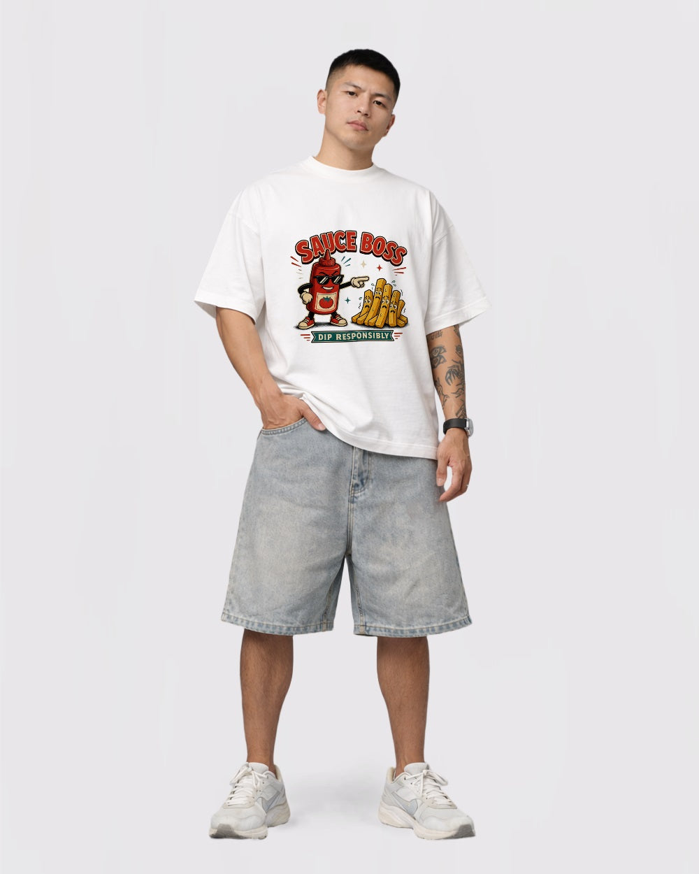 Beige Sauce Boss Food Graphic T-Shirt full body fit view 2 image