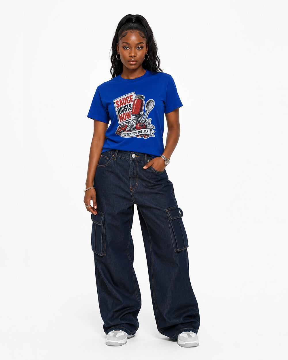 Sauce Rights Now Justice for the Jar Food Graphic T-Shirt in Blue, front model view 1