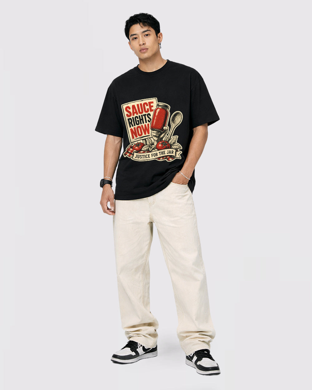 Sauce Rights Now Justice for the Jar Food Graphic T-Shirt, full body fit view, image 2