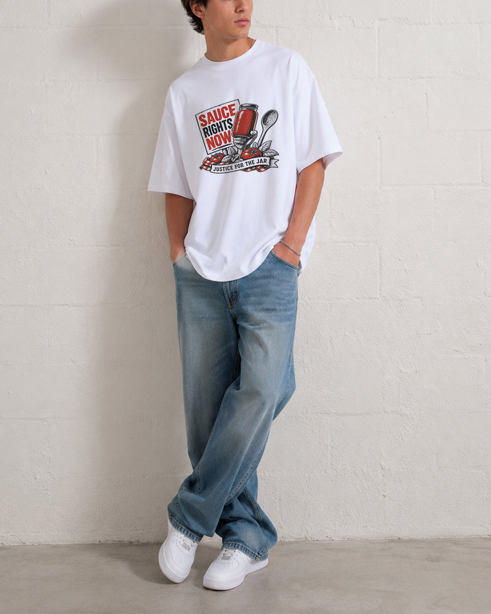 Sauce Rights Now Justice for the Jar Food Graphic T-Shirt in White, front model view 2