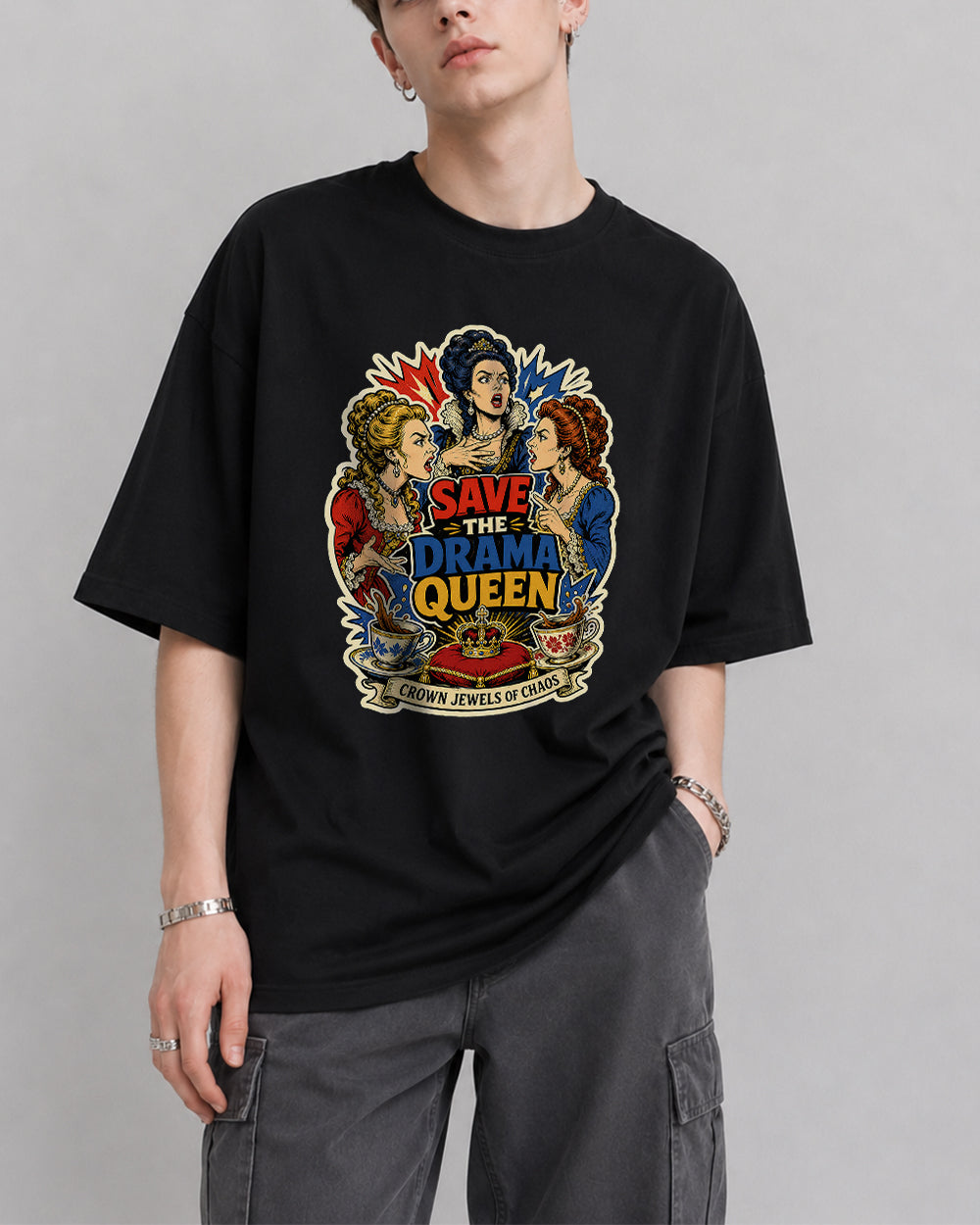 Save the Drama Queen Retro Graphic T-Shirt in Black, front model view 1