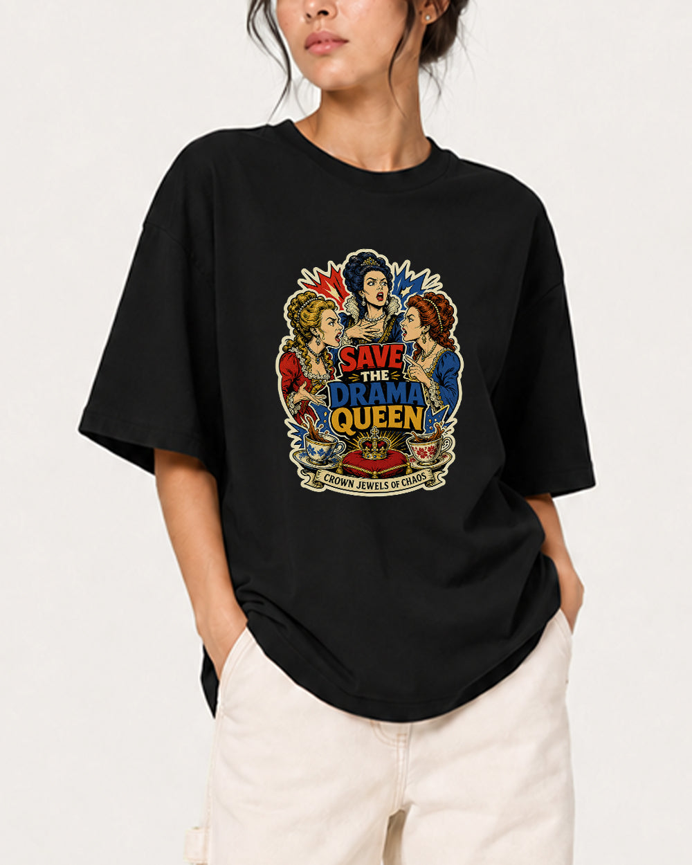 Save the Drama Queen Retro Graphic T-Shirt in Black, front model view 2