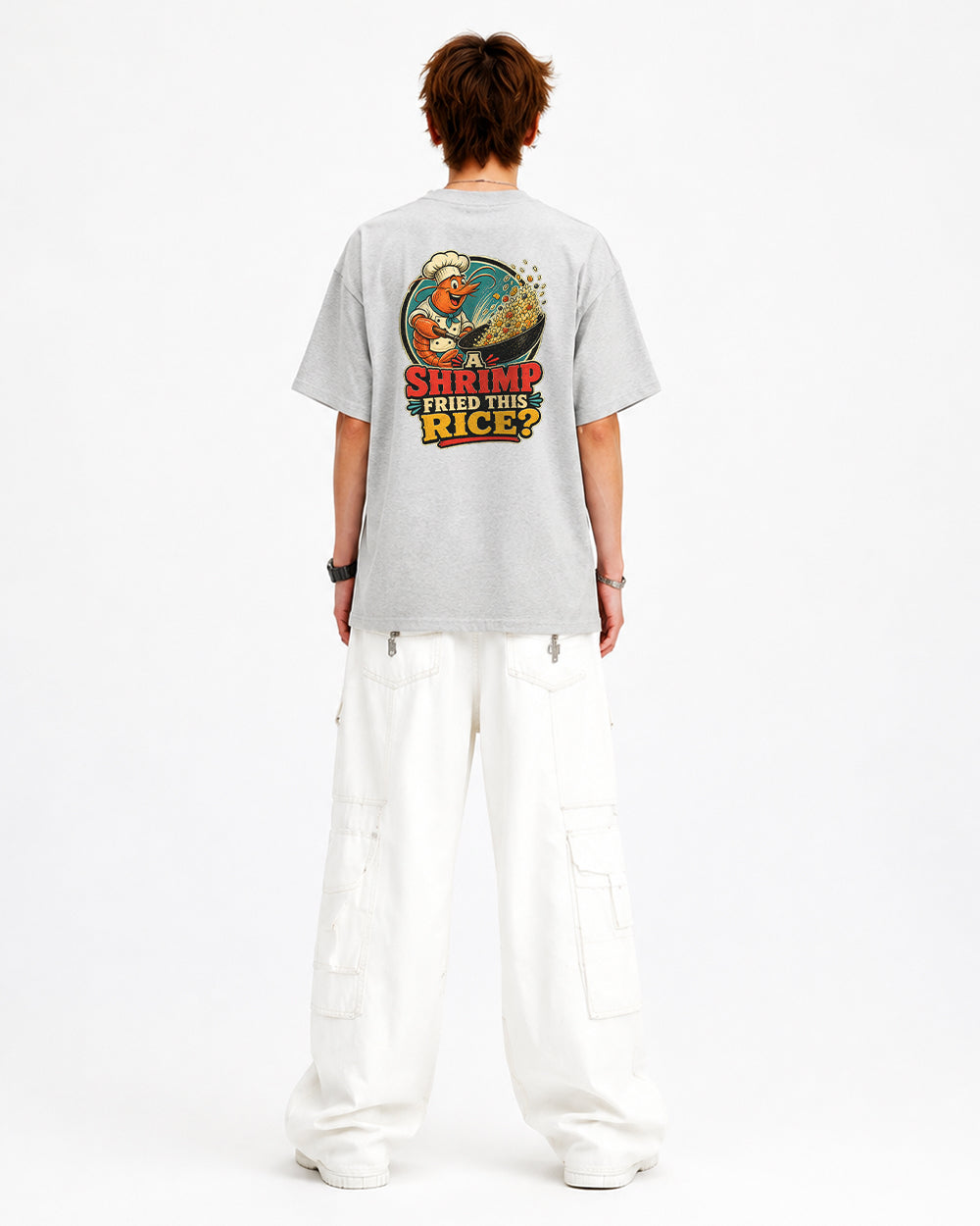 Say Shrimp Fried This Rice Food Graphic T-Shirt in Gray, back model view 6