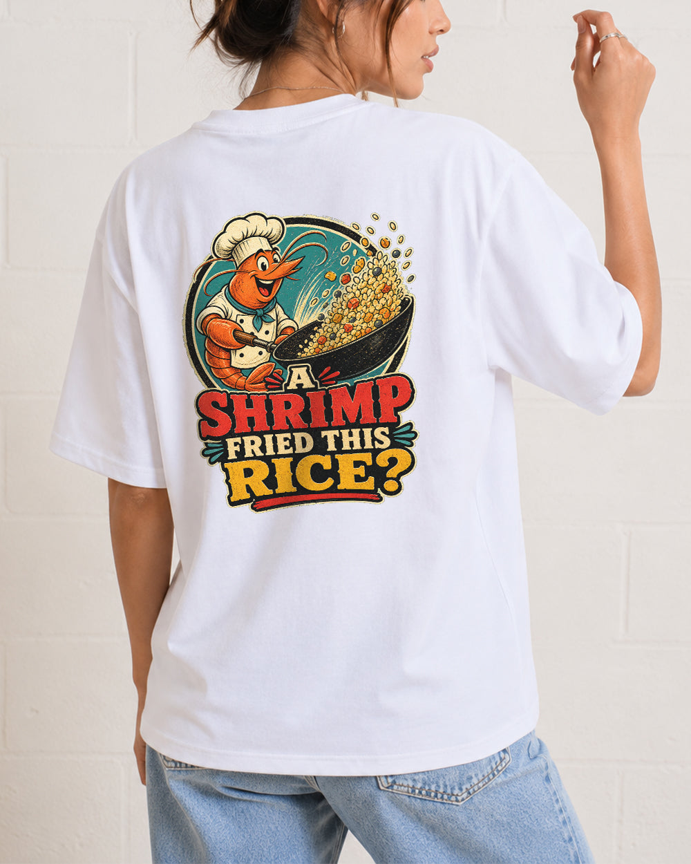 Say Shrimp Fried This Rice Food Graphic T-Shirt in White, back model view 1