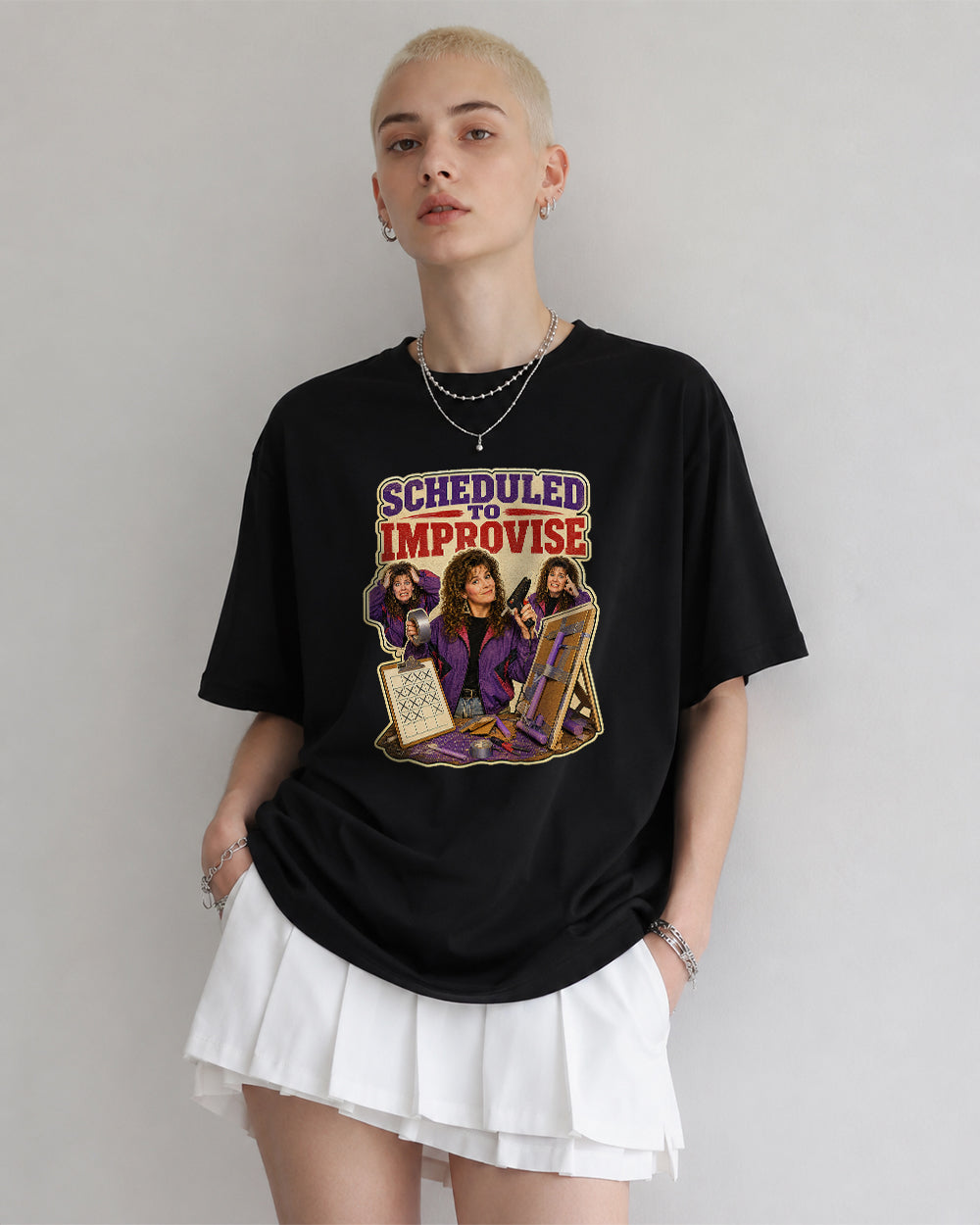 Scheduled to Improvise Pop Culture Graphic T-Shirt in Black, front model view 1