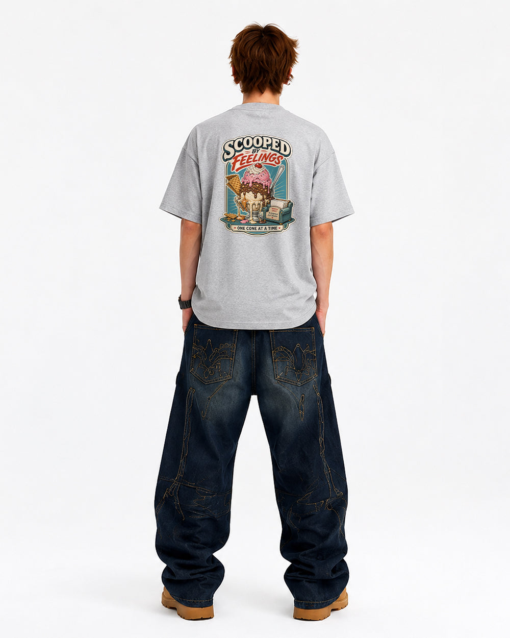 Scooped by Feelings One Cone at a Time Food Graphic T-Shirt in Gray, back model view 4